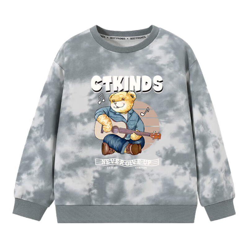 Classic Teddy Boys' Sweatshirt, Casual Base Layer for Older Children, Autumn Wear with Tie-Dye Design, Gray, Size 110