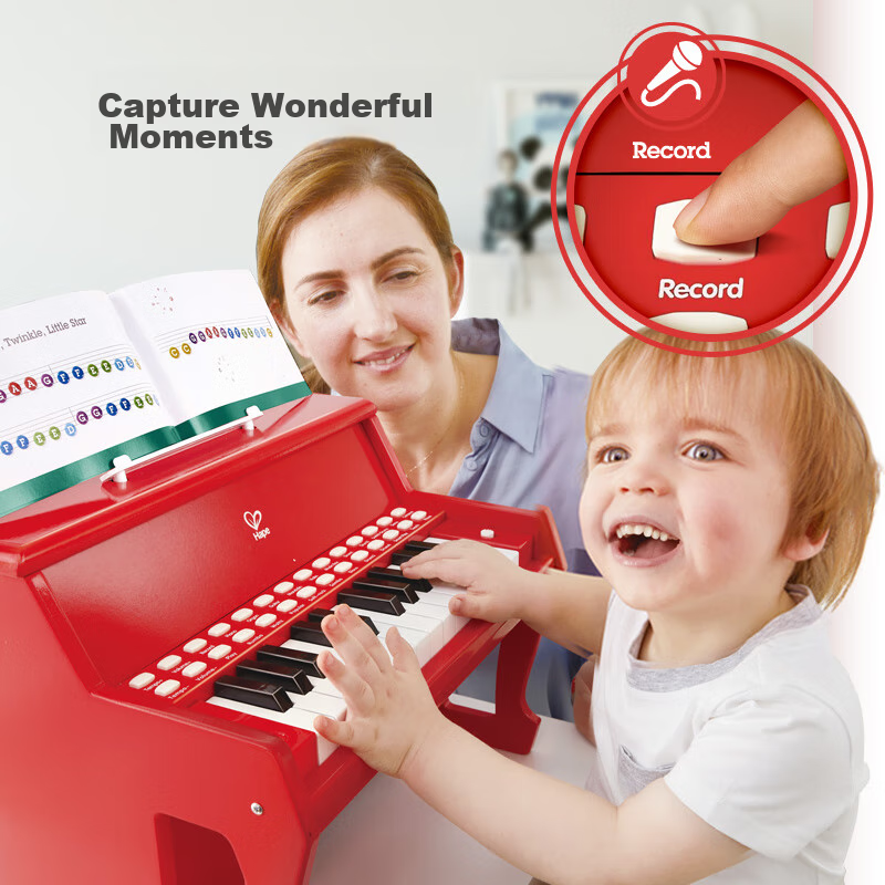 Hape (Germany), Children's Piano Toy Instrument, 25 Keys, Light-Up Teaching Piano, Red, Girl's Birthday Gift, E0630