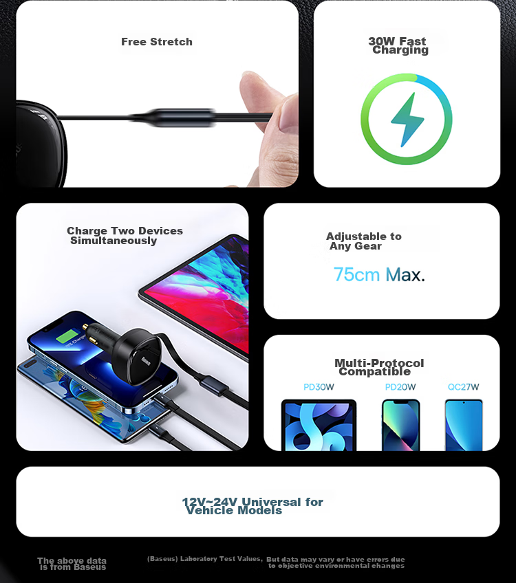 BASEUS Car Charger Retractable Cable, One-To Cigarette Lighter Adapter with Built-In Cord, Super Fast Charging, Compatible with Apple 18 Pro Max, Huawei, Xiaomi 5