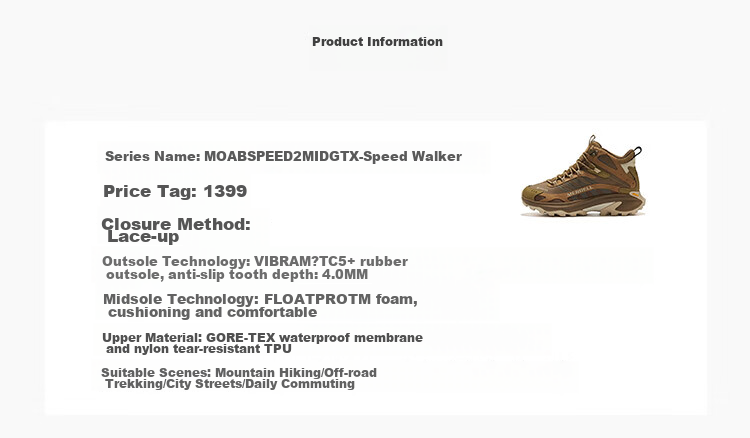 Merrell MOAB SPEED 2 MID GTX Women's Mid-Top Outdoor Waterproof Non-Slip Lightweight Trail Running Hiking Shoes 8
