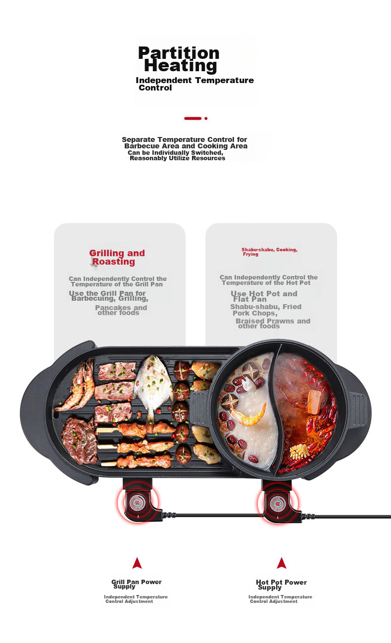 KONKA Electric Grill Stove, Multifunctional Dual-Sided Electric Hot Pot And Grill Combo Stove, Home Electric Grill And Hot Pot, Dual Temperature Control, Separable, KEG-W006 6