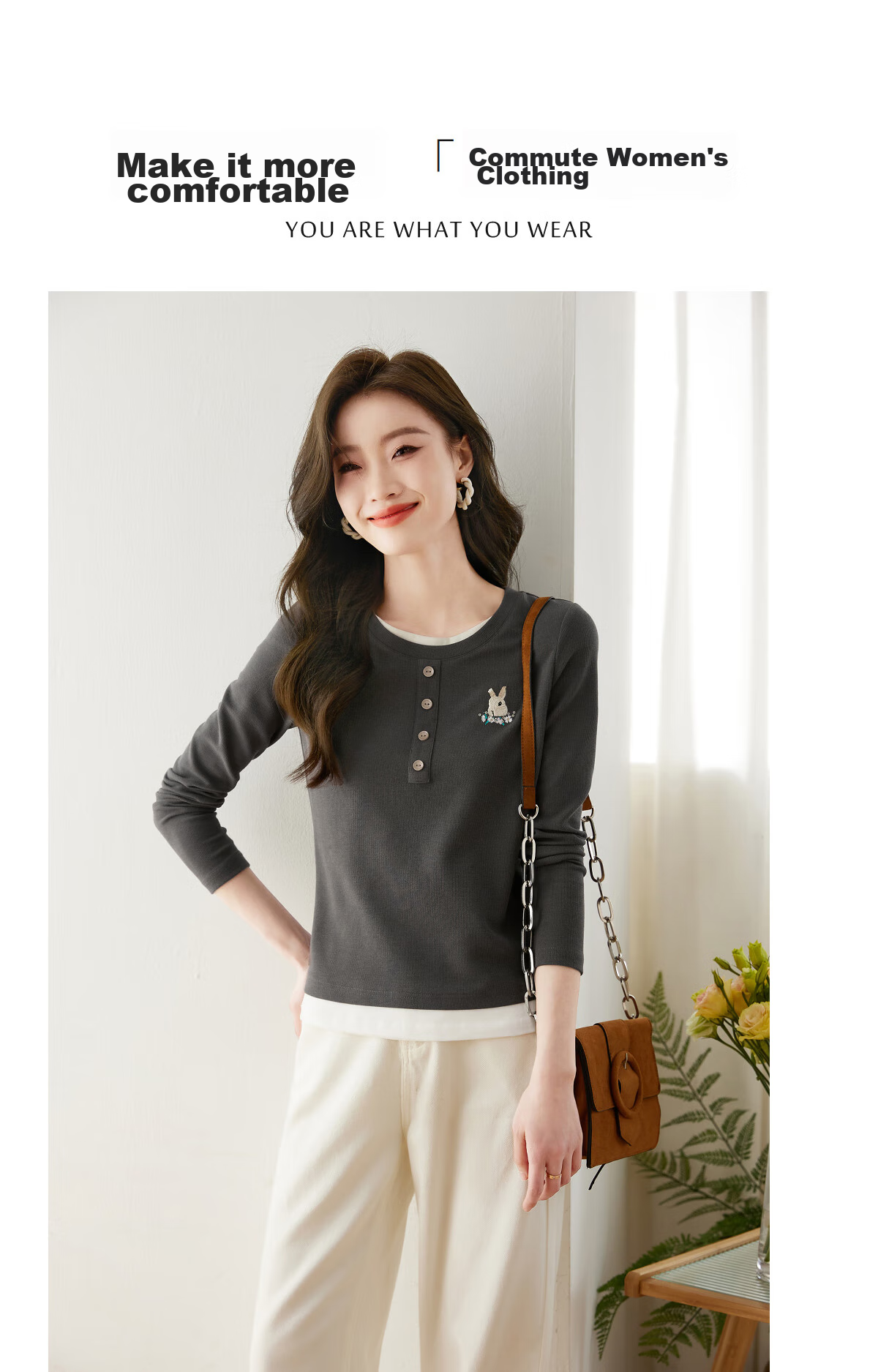Sentubila Rabbit Embroidery Faux Layered Round Neck Long Sleeve T-Shirt for Women, Spring And Autumn Outer Wear Slimming Top, Dark Gray, S 2