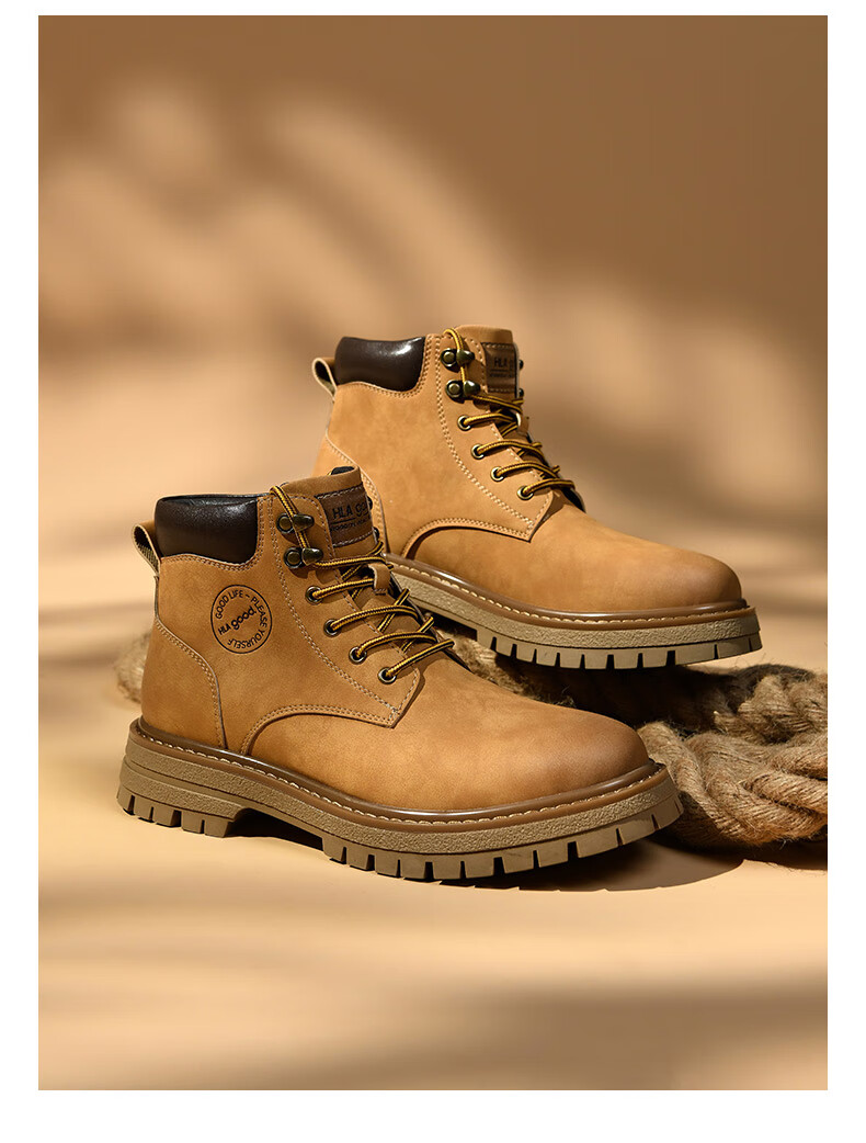 HLA Men's Vintage Martin Boots Outdoor Cotton Work Yellow Boots T121 Khaki (Fleece Lined) Size 42 3