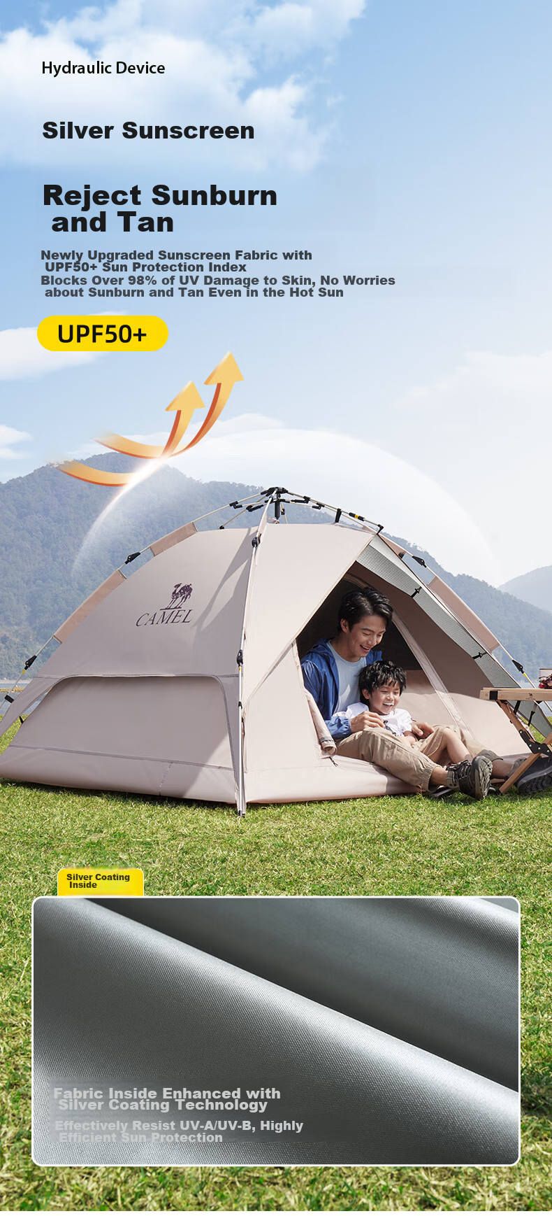 CAMEL Outdoor Hydraulic Tent, Thickened Portable Fully Automatic Camping Tent, Outdoor Picnic Rainproof Camping Equipment, Mocha Color 4
