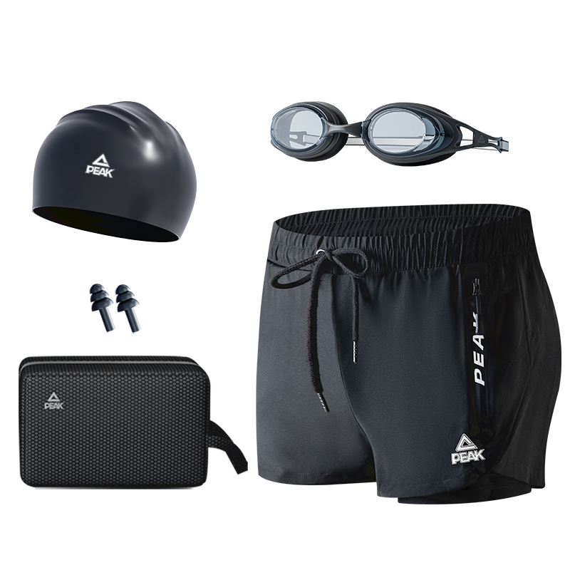 PEAK Men's Swim Trunks, Anti-Fog Large Frame Swimming Goggles, Swim Cap, Swim Bag, Earplugs, Hot Spring Swimsuit Set, Swimming Equipment 02 2XL