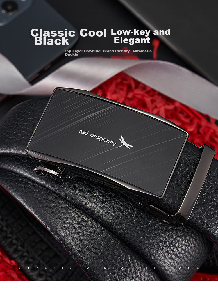 RED DRAGONFLY Top-Grain Leather Men's Belt with Automatic Buckle, Practical Gift for Dad Or Husband, Birthday Present in Gift Box 1