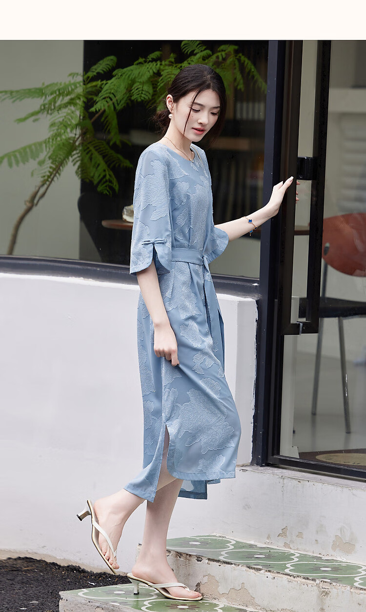 Dme (Unbelievably Comfortable) Spring And Autumn Delicate Jacquard Flared Seven-Quarter Sleeve Classical Button-Up Loose-Fitting Dress with Hidden Pockets 12