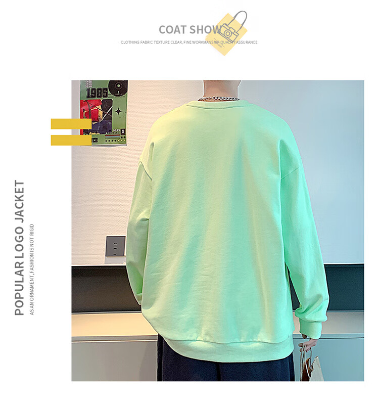 Homlean American Retro Crew Neck Sweatshirt for Men, Autumn Long-Sleeve Pullover Top, Versatile Casual Simple HM03 Fluorescent Green 3XL 13