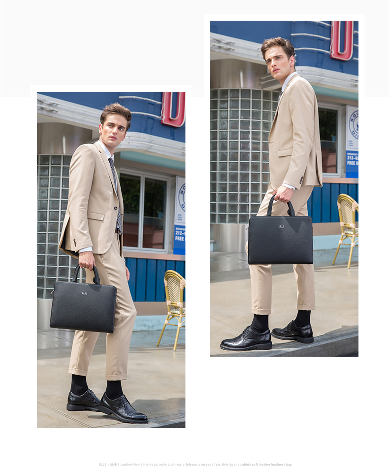 ELLE HOMME Men's Business Briefcase, Fashionable Genuine Leather Handbag, Lightweight Cowhide Men's Bag, 03310 Black, Birthday Gift 2