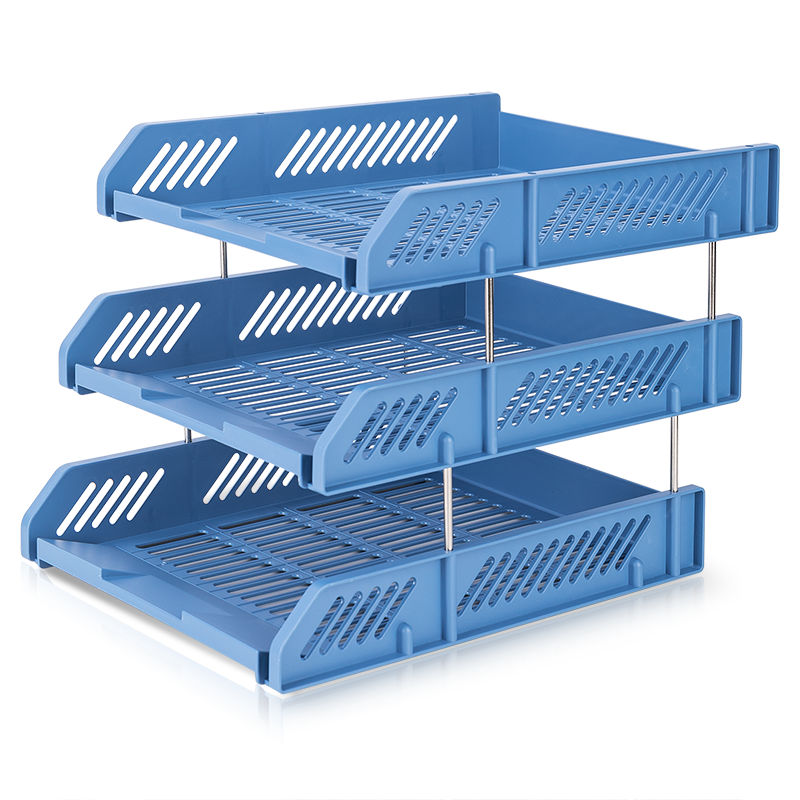 Deli Three-Tier Hollow Storage File Organizer with Detachable Assembly, Desktop File Tray/file Holder, Document Storage Box, File Rack Management, Blue 9209