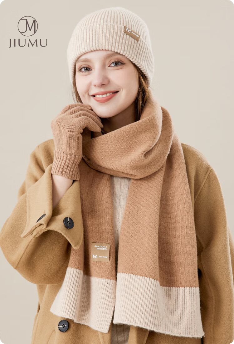 JIUMU Pure Wool Warm Scarf, Hat And Gloves Three-Piece Set for Women, Winter Birthday New Year Gift for Girls, Gift Box Packaging 1