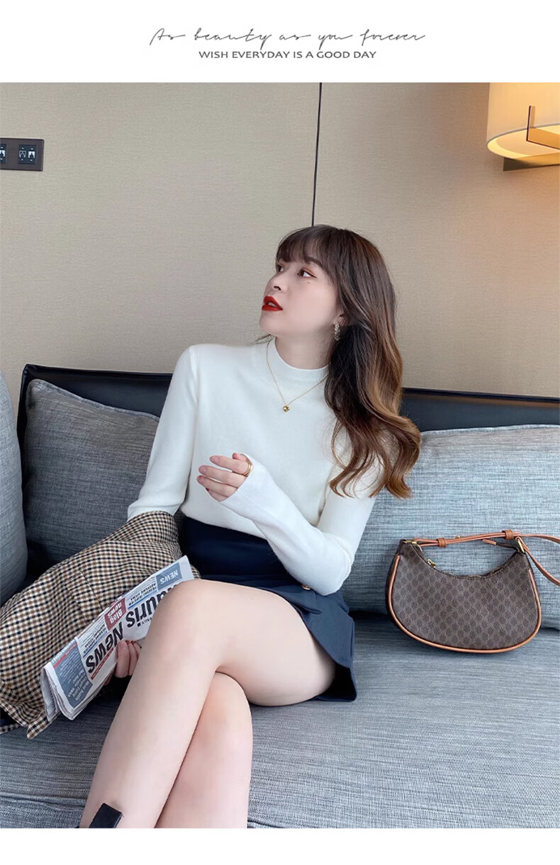 XUEXIMAN Semi-Turtleneck Base Layer for Women, Autumn And Winter Solid Color High-End Base Shirt, Versatile Slimming Knitted Sweater Suitable for Outer Wear 23