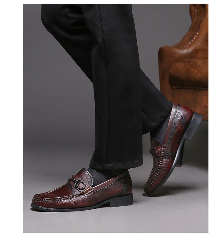 LAORENTOU Men's Leather Shoes, Top-Grain Cowhide Business Casual Shoes, Ostrich Pattern Slip-On Shoes, Dad Shoes, 520502519, Black, Size 40 4