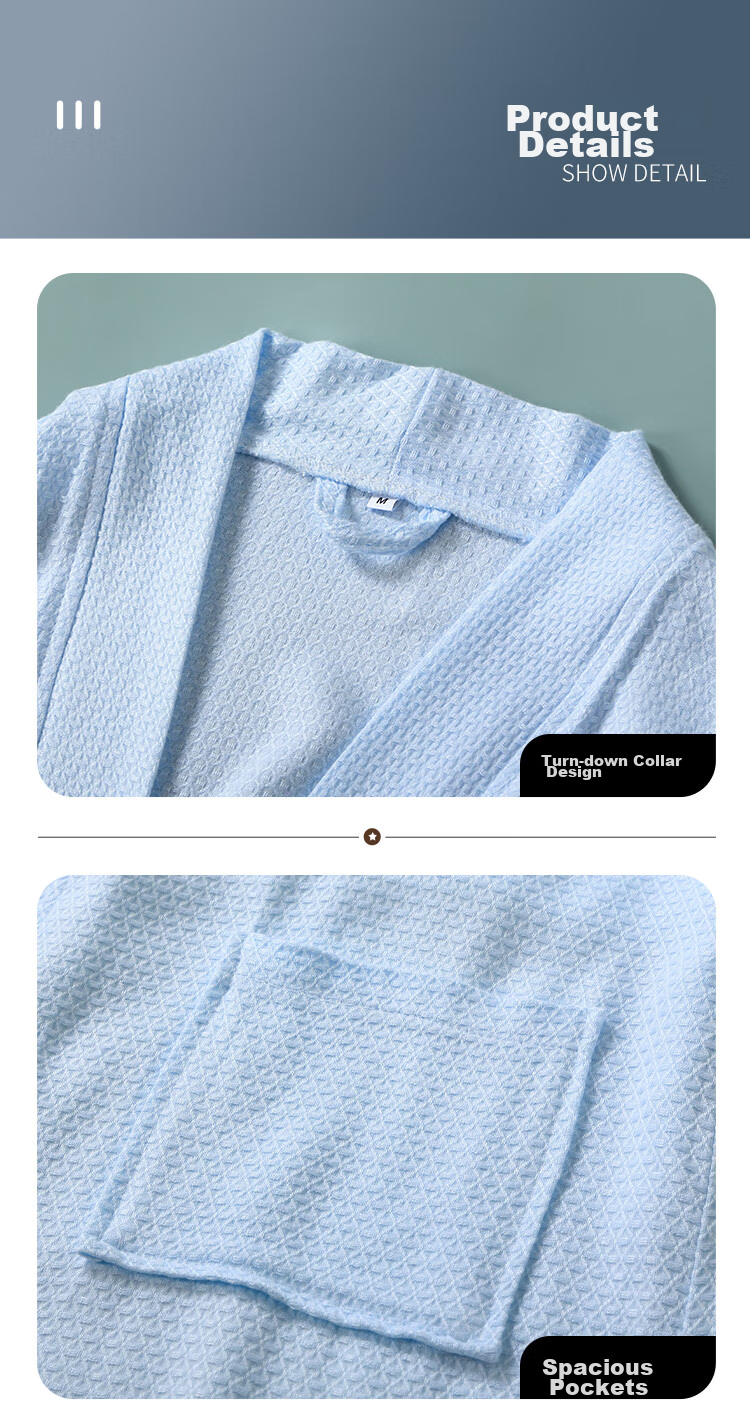 Zhuyibai Bamboo Fiber Bathrobe for Men And Women, Spring And Summer Sleepwear, Home Loungewear, Waffle Weave Gauze Steaming Suit, Blue, Size L 11