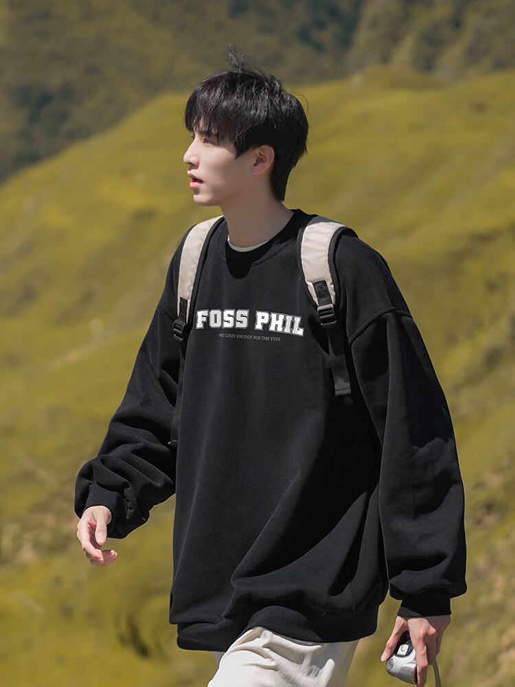 Foss Phil Men's Crew Neck Sweatshirt Autumn Winter Long Sleeve Printed Loose Casual Base Shirt FPW2 White M 7