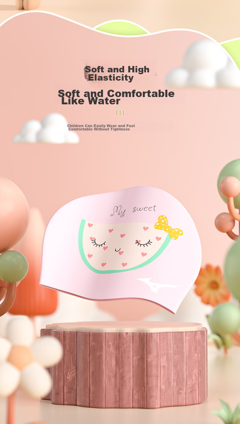 MIZUNO Children's Swimming Cap for Girls, Silicone Non-Binding Cute Professional Waterproof Ear Protection Printed Swim Cap N2CW2S12 Pink And White Rabbit 5