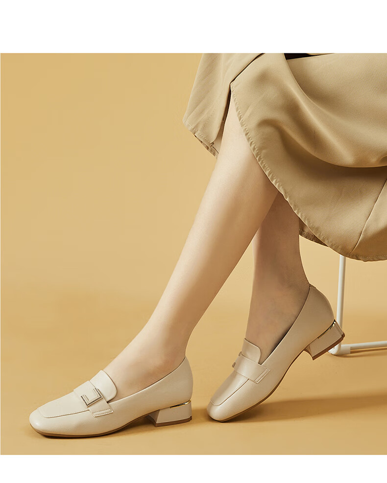 DAPHNE Women's Single Shoes, Retro Square Toe with Buckle Loafers, Chunky Heel Slimming Slip-On Commuter Shoes 4623101007 Beige 39 11