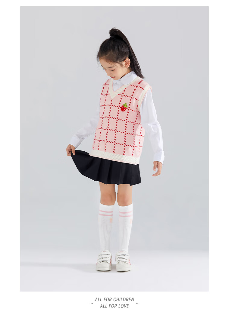 QQ DUCK Children's Clothing, Girls' Sweater Vest, Big Kids' Waistcoat, Knitted Sweater, Strawberry Plaid, Pink; 120 12