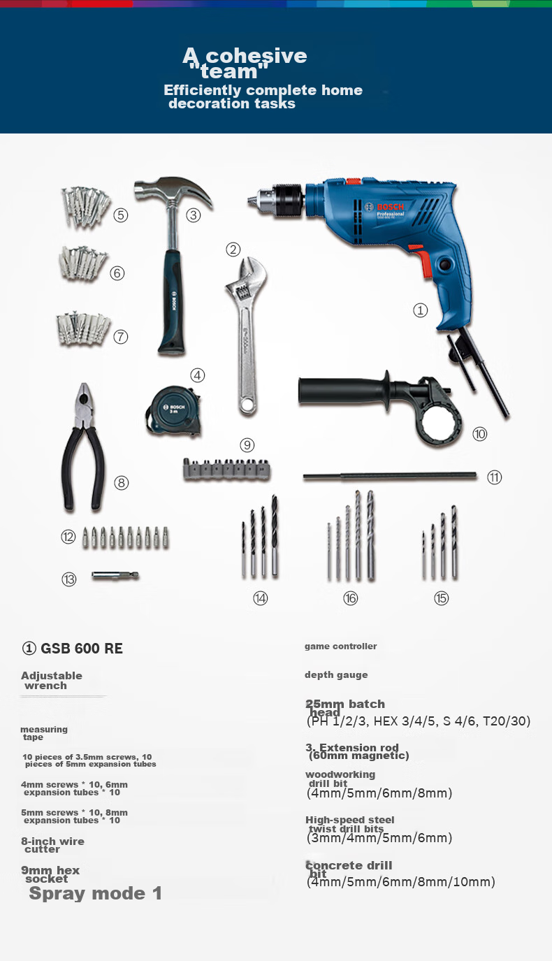 BOSCH Electric Drill, 600W Impact Drill, Household Tool Set, Wall Drilling, Multi-Functional Upgraded Version, GSB600RE 13