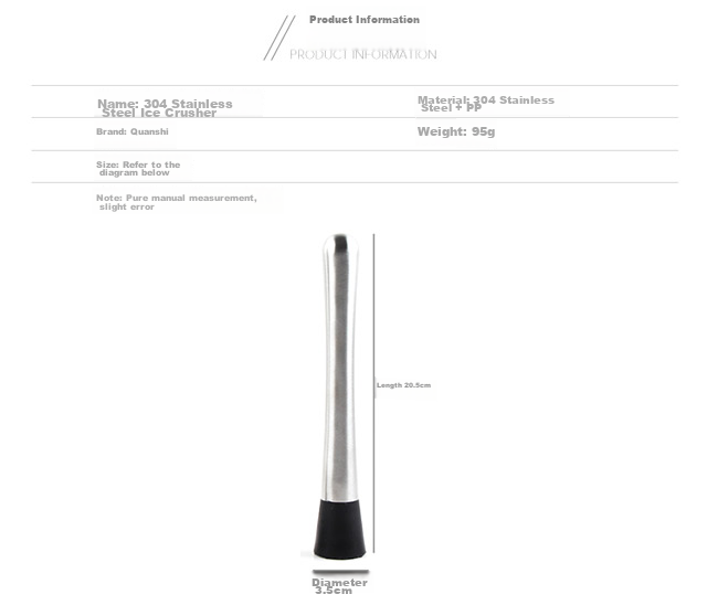 Quanshi 304 Stainless Steel Ice Crusher, Cocktail Muddler, Cocktail Shaker Tool, Juice Press, Milk Tea Stick, Hand-Shaken Lemon Muddler 2