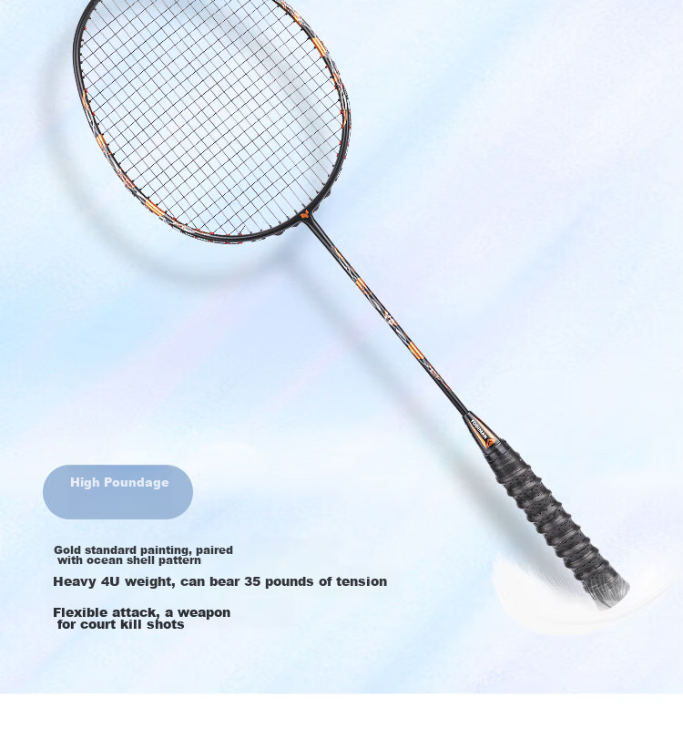 Yodiman Secondary-Shaped Black Gold Badminton Racket, 4U Full Carbon V8 Single Racket (Pre-Strung) 9
