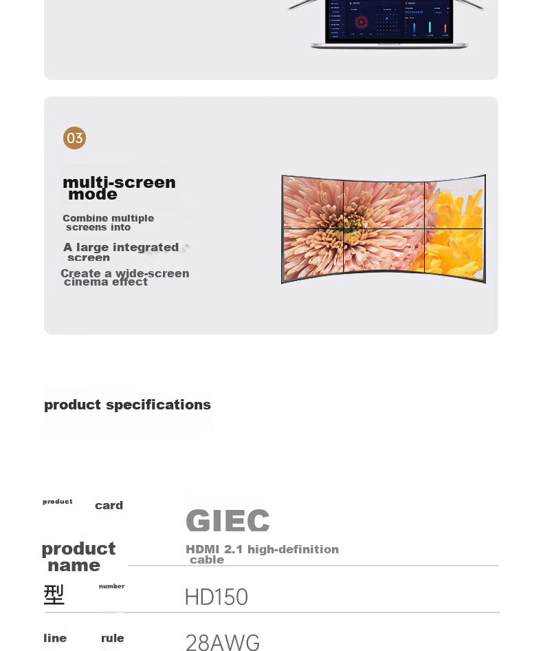 GIEC HDMI Cable Version 2.1, 8K60Hz 4K120Hz Digital High-Definition Cable Compatible with HDMI2.0, Video Connection Cable for Laptop Set-Top Box to TV Projector, 0.5 Meters 26