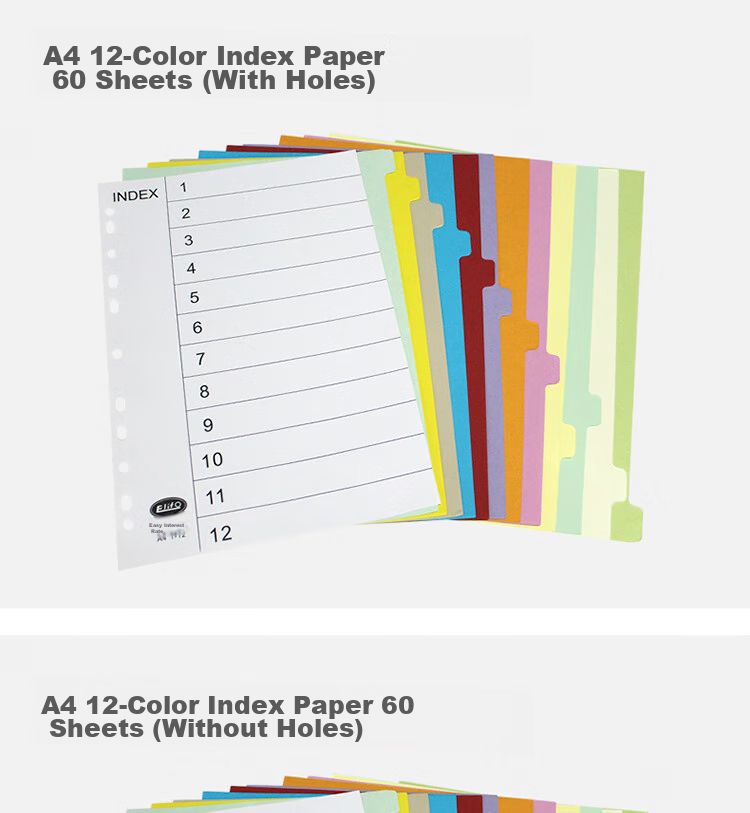 Elifo Page Separators, Index Dividers, Classification Paper, Loose-Leaf Paper for Indexes, Paper Plastic Digital English Three-Hole Binders [With Holes], 10 Colors, 50 Sheets Per Pack 10