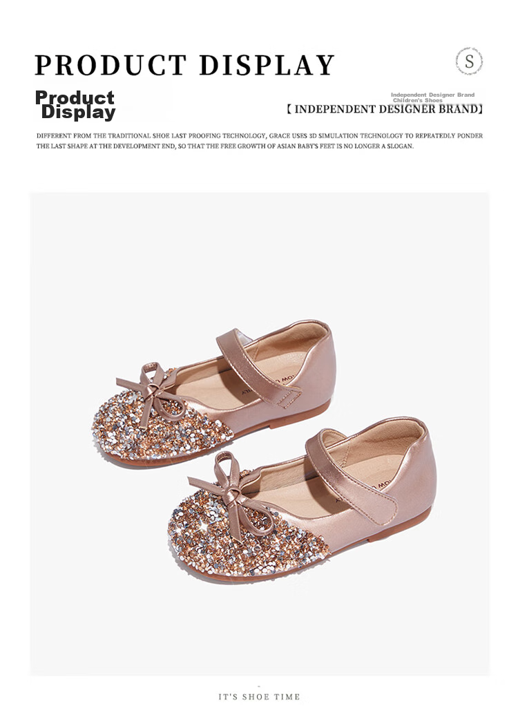 Snoffy Girls' Leather Shoes, Spring Children's Crystal Shoes, Shiny Diamond Princess Shoes, Comfortable Soft-Soled Flats for Little Girls, Moonlight Silver, Size 28 32