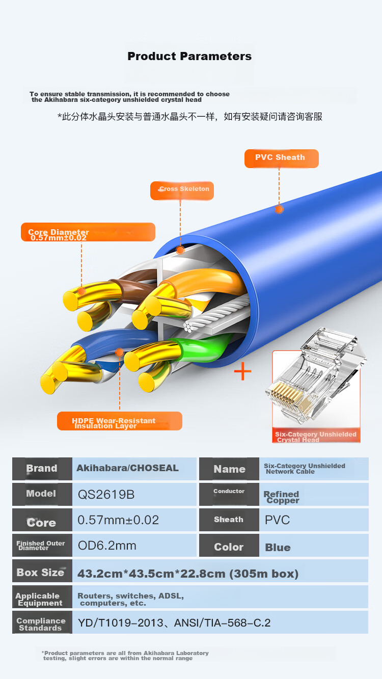 CHOOSEAL (CHOSEAL) Category 6 Gigabit Ethernet Cable [0.57±0.02mm] CAT6 Pure Copper Core Flame-Retardant PVC Unshielded Engineering Home Wiring for Surveillance Installation 25 Meters QS2619BT25 3