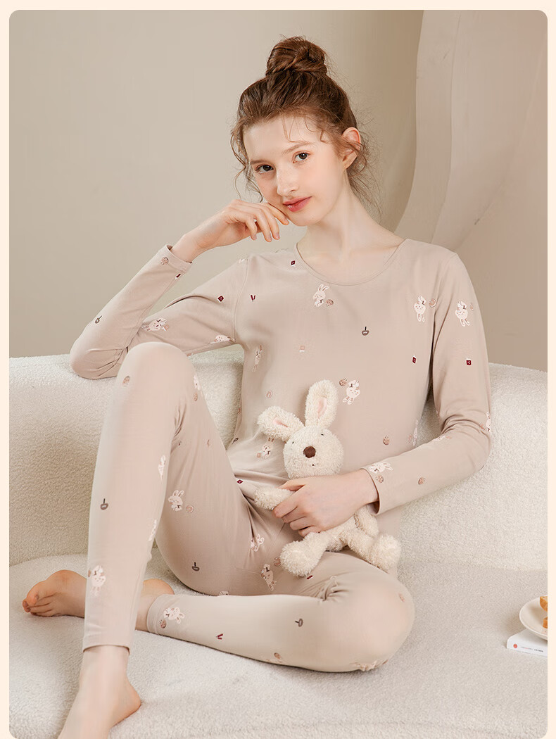 Fenteng Women's Thermal Underwear Pure Cotton 2025 New Style [Light Warm Underwear] Round Neck Small Floral Autumn Top and Bottom Set 22