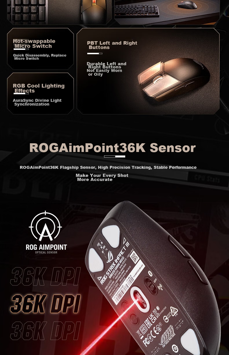 ROG Yingren 3 Wireless Mouse, 36000 DPI, Up to 618 Hours Battery Life, E-Sports Gaming, Lightweight, Symmetrical Design, RGB Lighting Effects, Black 3