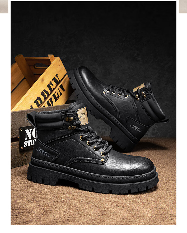 Bull Family Men's Autumn Winter Martin Boots Trendy Versatile Work Shoes Retro Durable Leather Boots for Men 20