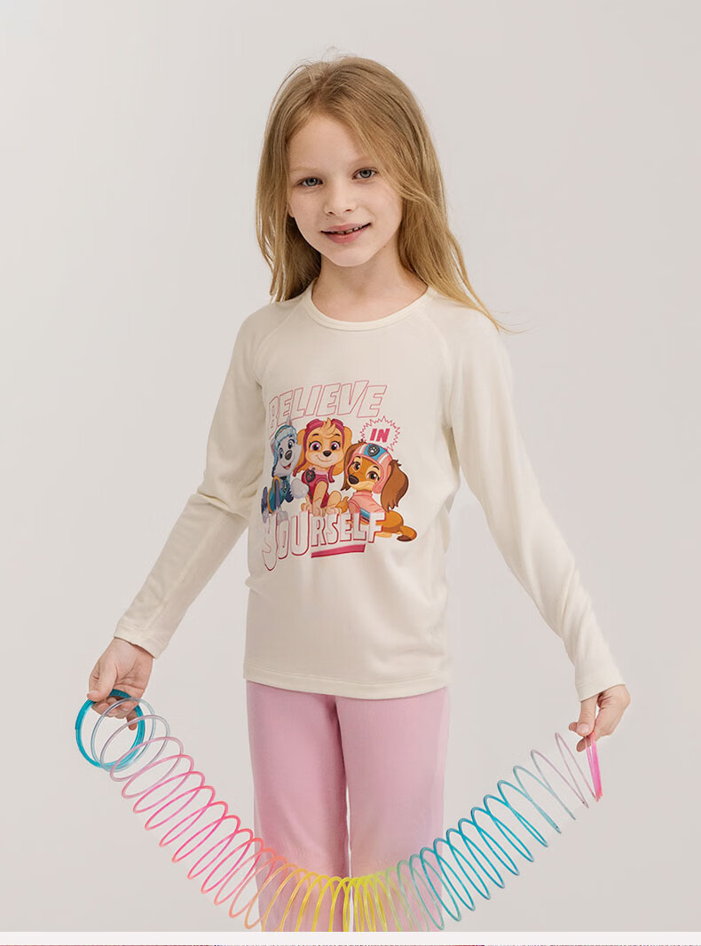 AIMER KIDS Little Heater [Medium Warmth] Thermal Underwear for Girls, Paw Patrol Moisture-Wicking Heat-Generating Autumn Top And Pants Set, White And Pink, Size 100 10
