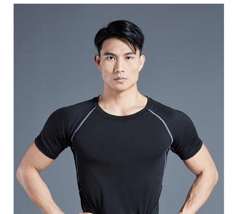 Fandimu Men's Sports Short-Sleeve T-Shirt, Fitness Tight-Fitting Quick-Dry Breathable Training Running Shirt, Black with Contrasting Lines, Size M 19