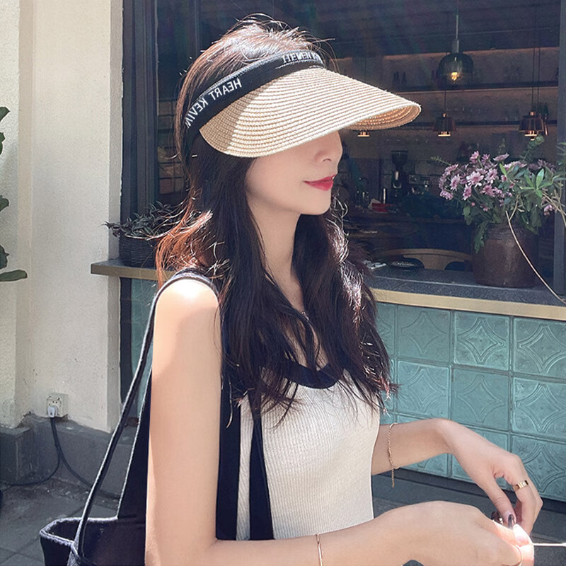 XUEXIMAN Summer Ins Straw Topless Baseball Cap for Women, Outdoor Versatile Beach Wide Brim Sun Protection Visor Hat, Sunshade Hat