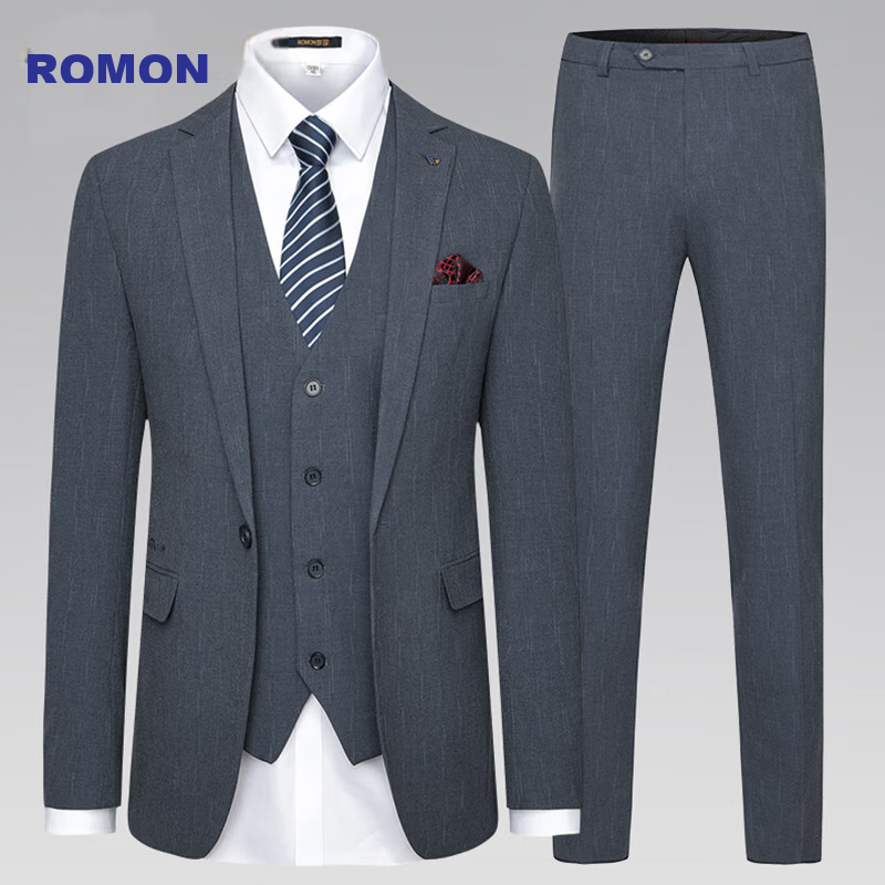 ROMON Men's Slim Fit Three-Piece Suit Business Formal Wedding Groom Outfit