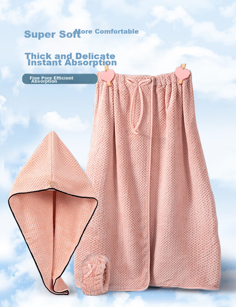 Grace Antibacterial Bathrobe for Women, Wearable, Thickened, Soft, Absorbent, Adult Home Wear, Chest Wrap Bathrobe, Hair Dryer Cap, Hair Tie, Three-Piece Set 4