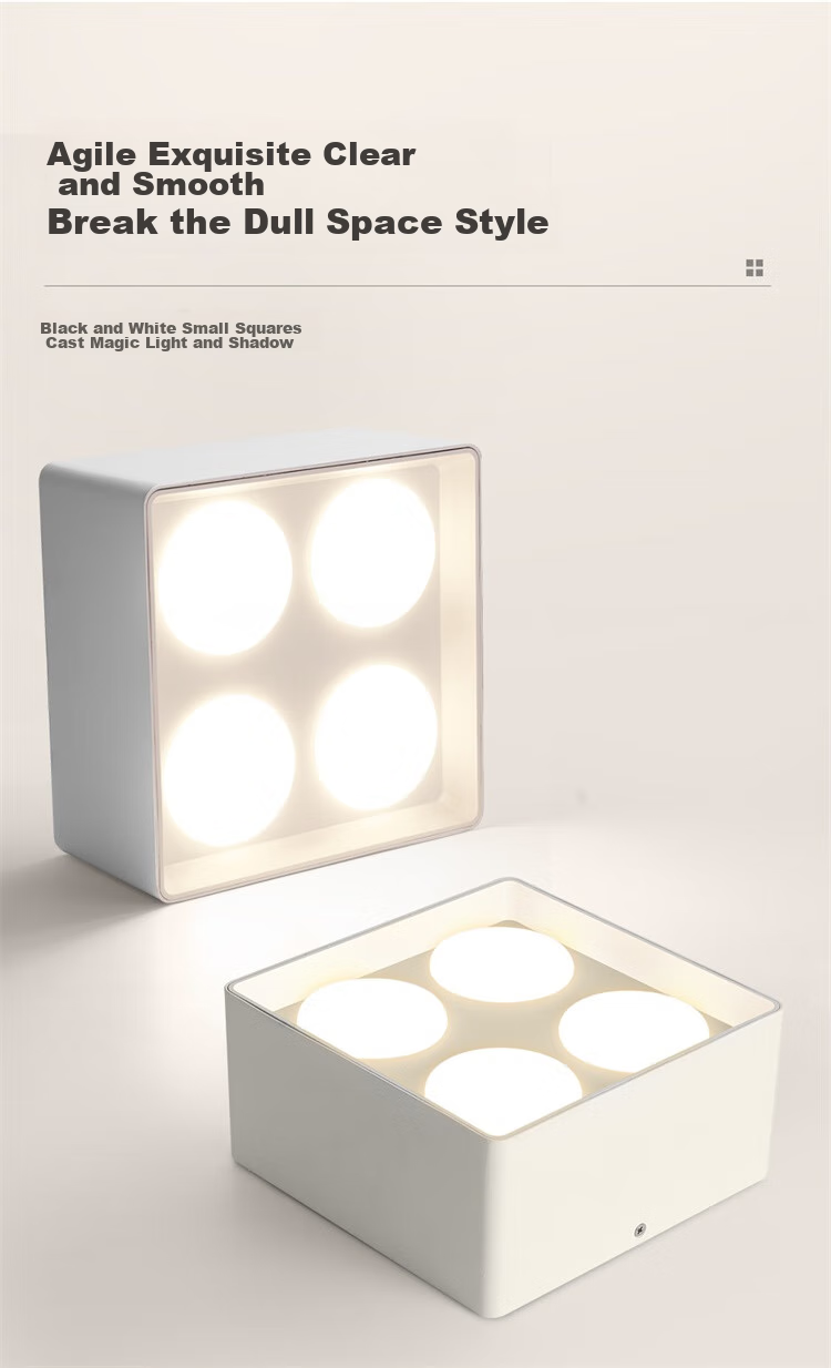 NVC LED Premium Spotlight, Square Surface-Mounted Downlight, Ultra-Thin Grid Light, Four-Head Anti-Glare, 40 Watts, Black Cup, Warm White 7