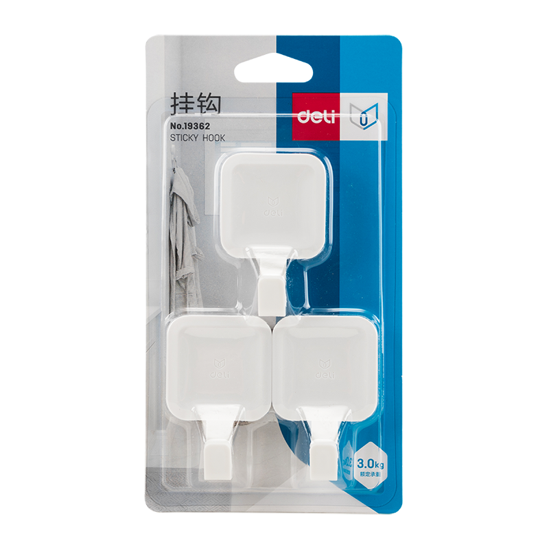 Deli Heavy-Duty No-Drill 3kg Adhesive Hooks, Traceless Adhesive, 3 Pieces/card, Simple Square Shape, White 19362