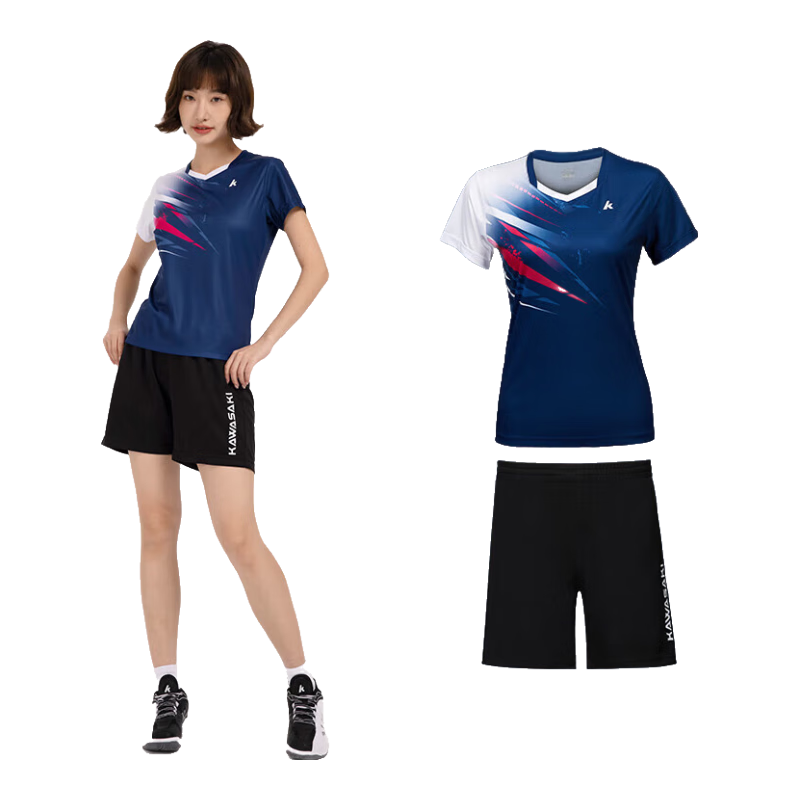 KAWASAKI Badminton Outfit for Women, Professional Sports Round Neck Short Sleeve + Shorts Set B2815, Navy Blue, M