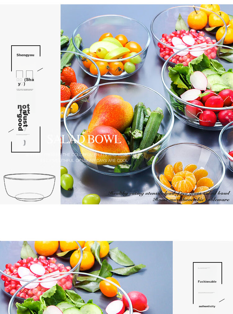 Ocean Thai Imported Glass Salad Bowl, Noodle Bowl, Soup Bowl, Fruit Dessert Bowl Set of Five Pieces 8