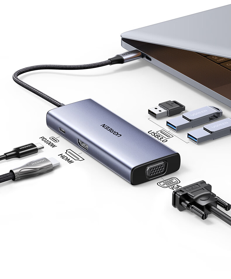UGREEN Type-C Expansion Dock, USB-C to HDMI/VGA Dual-Screen Expansion Dock, USB3.0 Adapter, Screen Mirroring Device, Compatible with Apple MacBook, Huawei Laptops, Nintendo Switch 5