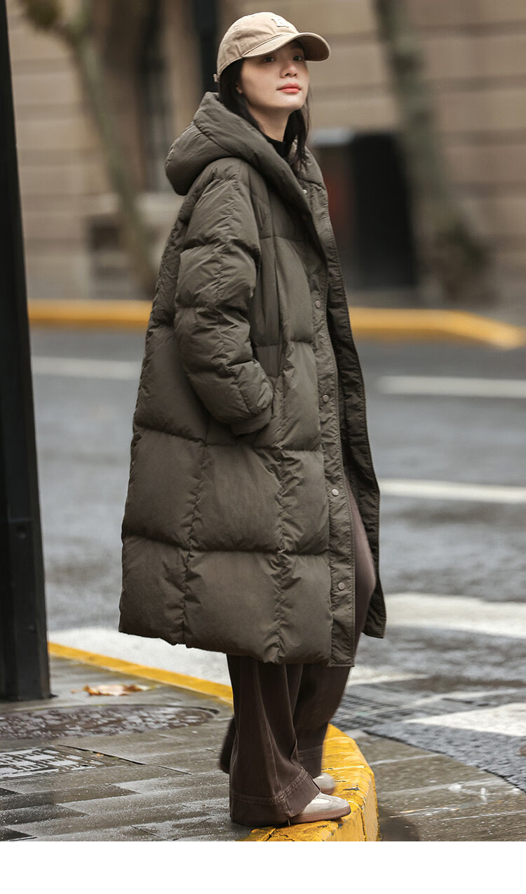 Dme [Retro Long Hooded Down Jacket] Winter Style with Side Pockets, Waist Belt, Long Women's Down Coat, Coffee Color, M 13