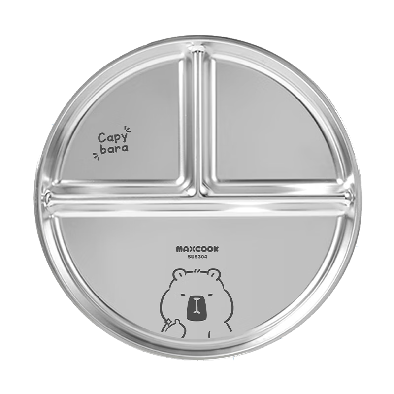 MAXCOOK 304 Stainless Steel Divided Lunch Tray, Cartoon Fast Food Plate, Student Meal Container, Low-Fat Meal 3-Compartment Round MCWA3406