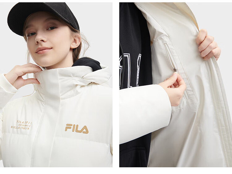 FILA Official RGB Long Down Jacket Unisex Winter Hooded Warm Coat Couples Style 12