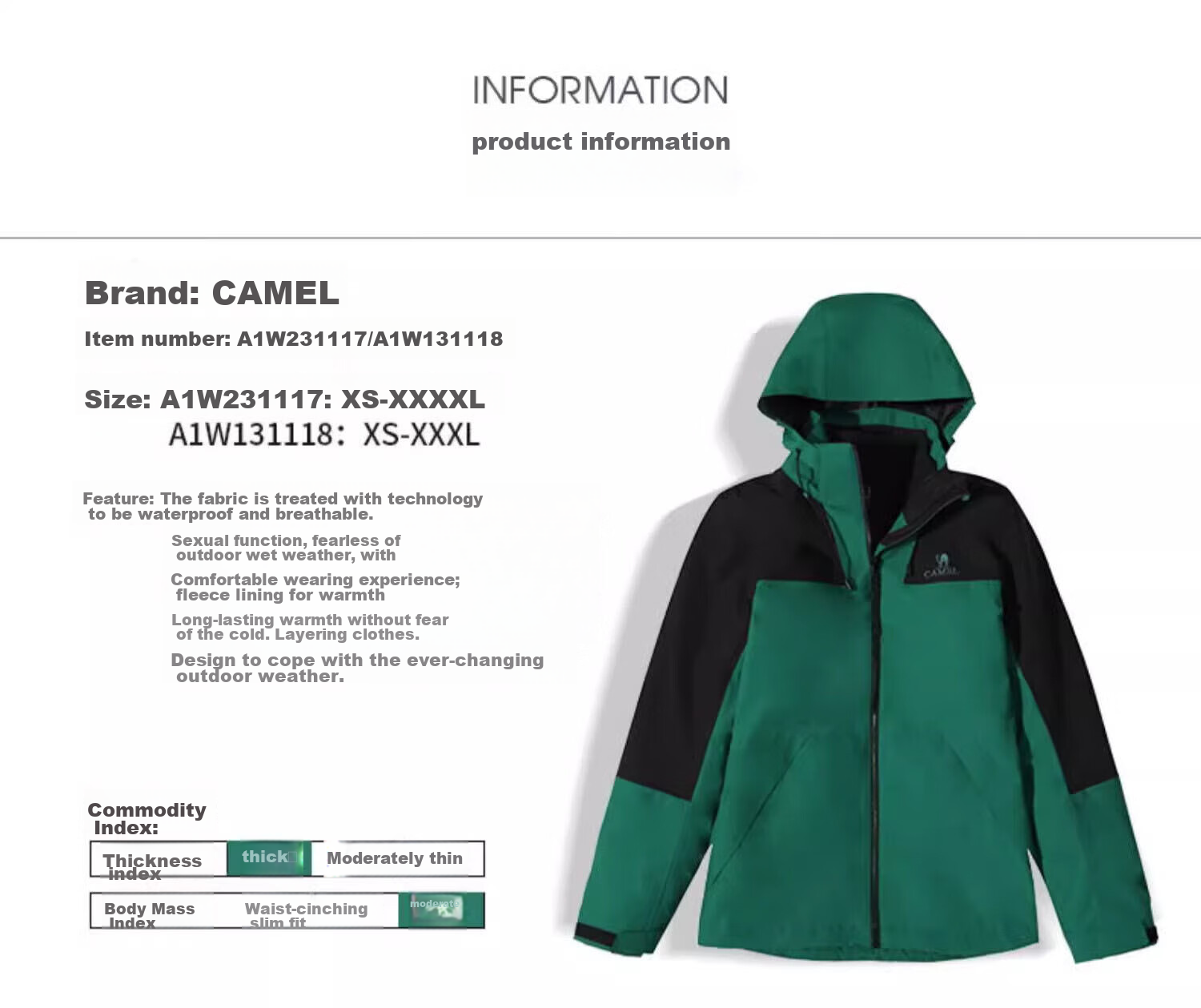 CAMEL Windbreaker for Men And Women, Couples Style, Moisture-Wicking, Cold-Resistant, Warm Fleece Three-In Mountaineering Jacket A1W13a1118 32