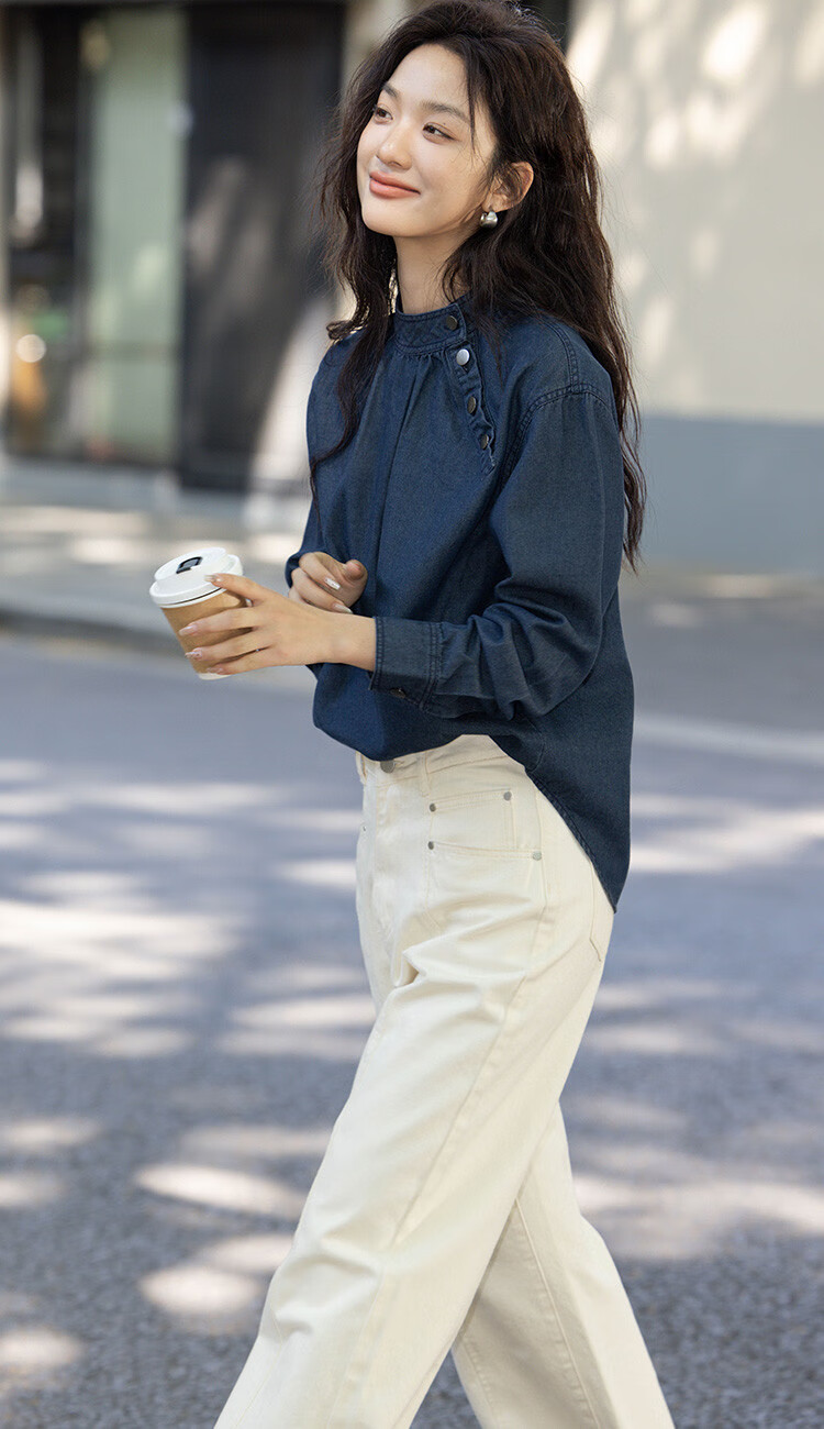 Dme [Strap Stand-Collar Shirt], Autumn Elegant Deep Blue Slanted Doorway Collar Niche Design Blouse for Wome 2