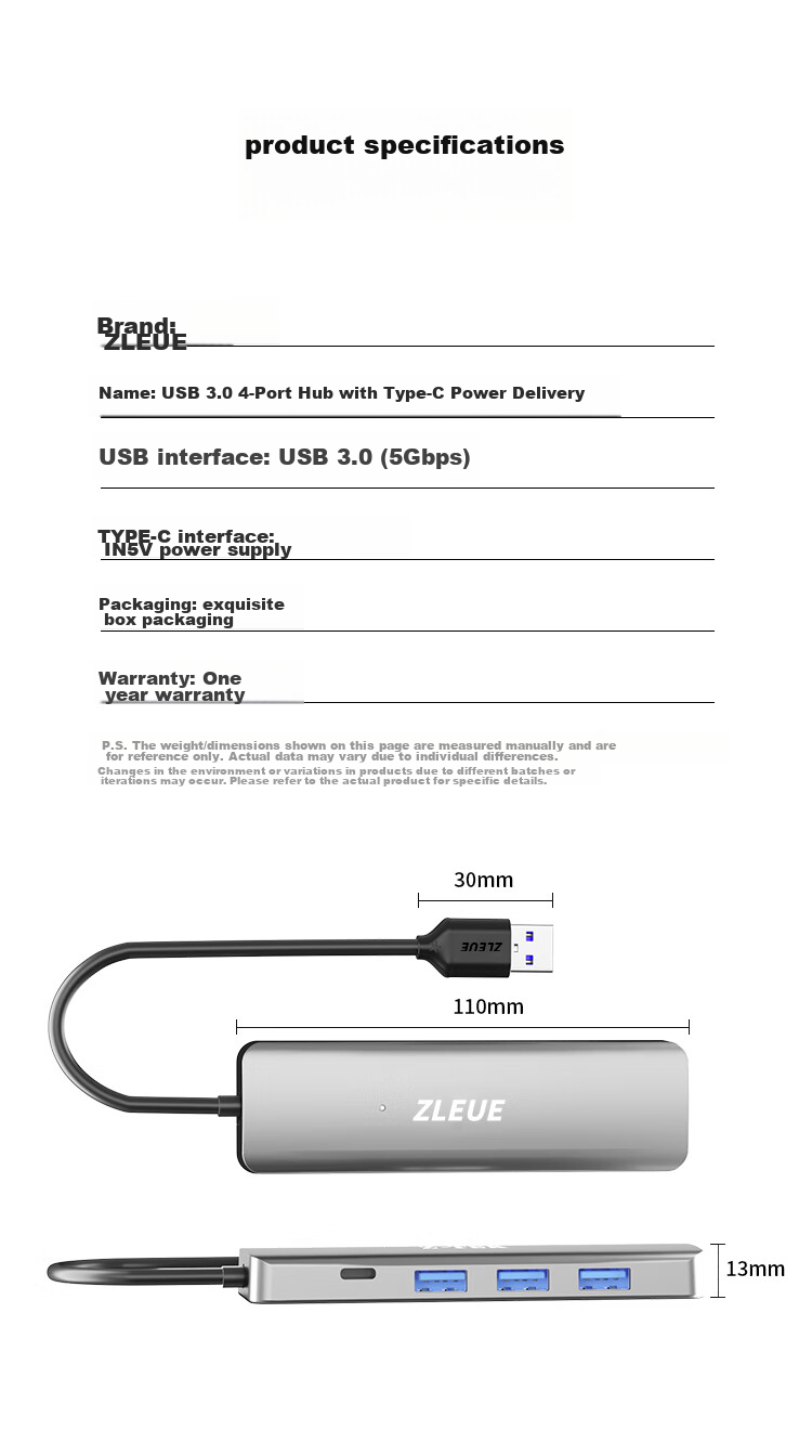ZLEUE USB Hub 2.0, 4-Port Hub Expander, Laptop And Desktop Computer Splitter, Multi-Port Adapter, Extension Cable with Power Port, 0.2 Meters, E8001C 8