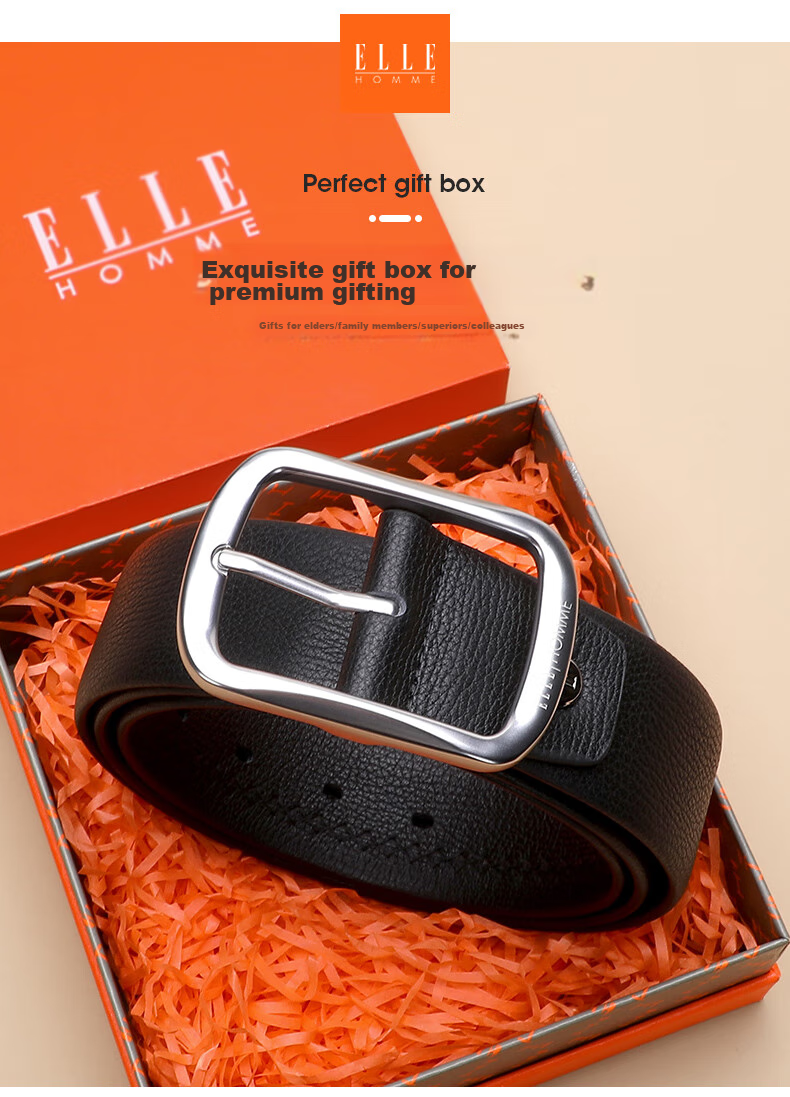 ELLE HOMME Men's Leather Belt with Pin Buckle, Top-Grain Cowhide Casual Trouser Belt for Men, Birthday Gift for Boyfriend 1