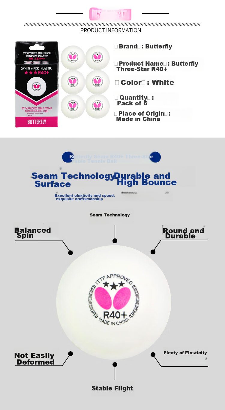 BUTTERFLY Three-Star Table Tennis Balls [6-Pack], Professional Competition Balls R40+, White with Seam 2